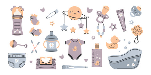 A set of items for caring for a newborn baby, hand-drawn. Vector design.