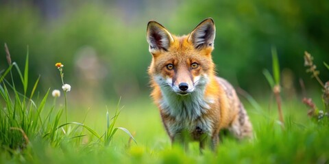 Obraz premium A red fox with a curious gaze stares intently from the lush green grass, its orange fur blending seamlessly with the vibrant foliage.
