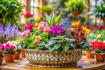 Obraz premium A whimsical indoor setting featuring a variety of colorful plants and flowers in a decorative planter, greenery, plant life, floral arrangements, home decor, interior design