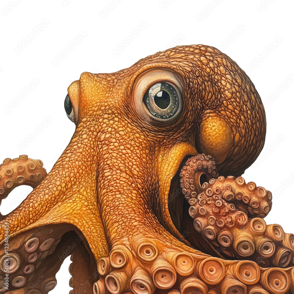 Poster a highly detailed artistic rendering of an orange octopus showcases its intricate texture and expres