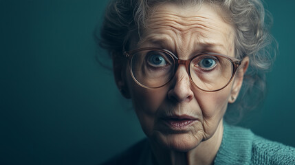 Senior woman in glasses with surprised expression on dark background 