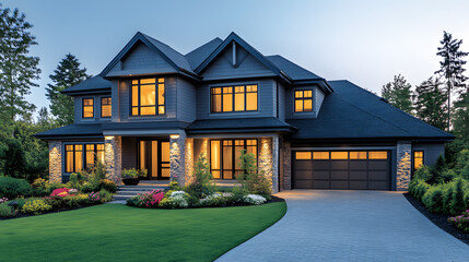 A large blue house with a white trim and a black roof. The house has a large front porch and a driveway. The house is surrounded by a lush green lawn and a garden with flowers