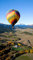 Naklejka premium colorful hot air balloon floats over picturesque landscape with mountains and autumn foliage. serene view captures beauty of nature and adventure