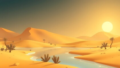 Serene Oasis Sunset Desert Landscape Scene