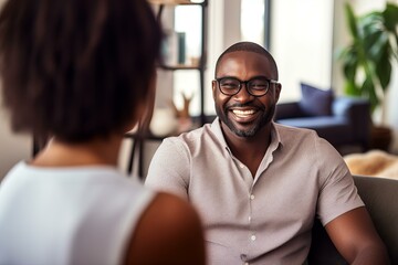 Fototapeta premium Happy businessman talking with a female colleague during a work meeting in a modern office
