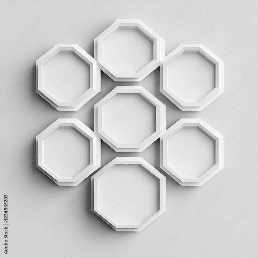 Poster unique arrangement of octagonal plates on a minimalist wall showcasing modern decor aesthetics in a 