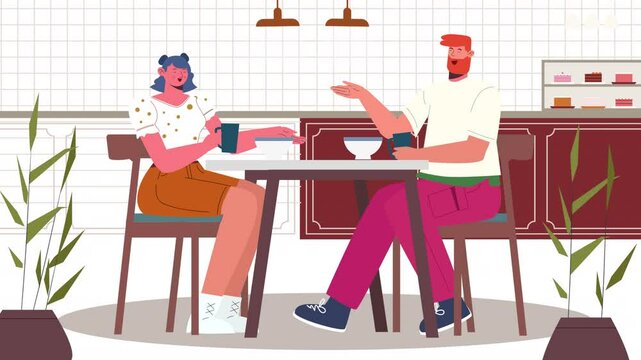Couple Dining Together In Restaurant Flat Avtar Stock Animation Scene