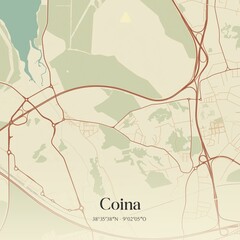 Vintage map of Coina, Portugal. 