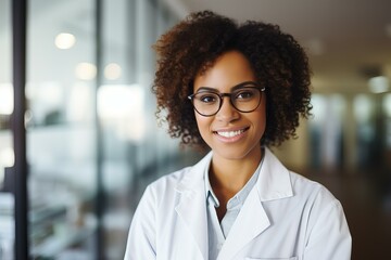 Fototapeta premium Portrait of a smiling female doctor wearing eyeglasses and lab coat, standing in a bright, modern hospital hallway
