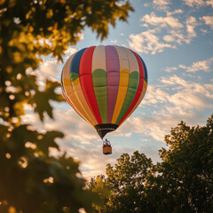 Obraz premium colorful hot air balloon floats gracefully in sky, surrounded by trees and beautiful sunset. This romantic ride offers special occasion for adventure seekers