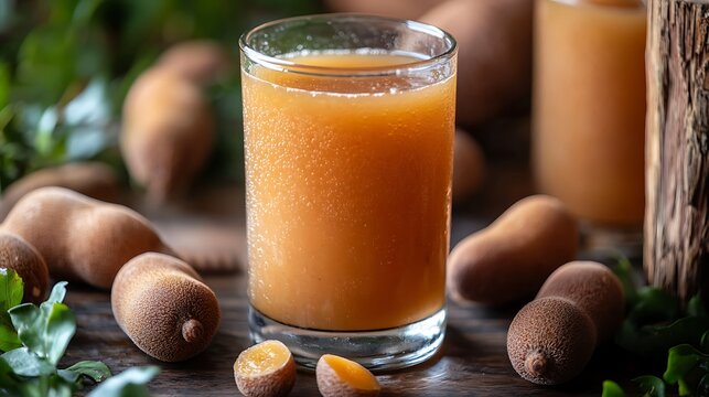 Tamarind juice in a glass surrounded by fresh ripe tamarinds tamarindus
