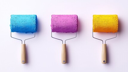 Obraz premium Four Colorful Paint Rollers in Blue, Purple, Pink, and Yellow Lined Up with Textured Paint Streaks on a Transparent White Background, Featuring Wooden Handles and Silver Metal Structures