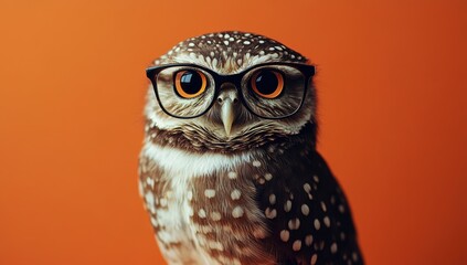 Obraz premium A photograph of an owl wearing red glasses, against an orange background