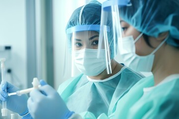 Two female doctors are preparing a syringe, wearing protective equipment, including face masks, face shields, caps, gowns, and gloves