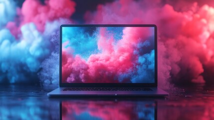 Vibrant Laptop Display with Colorful Smoke Effects