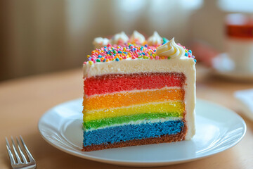 Rainbow cake, bright. Decorated with whimsical clouds. Perfect for birthdays, baby showers, and playful dessert photography