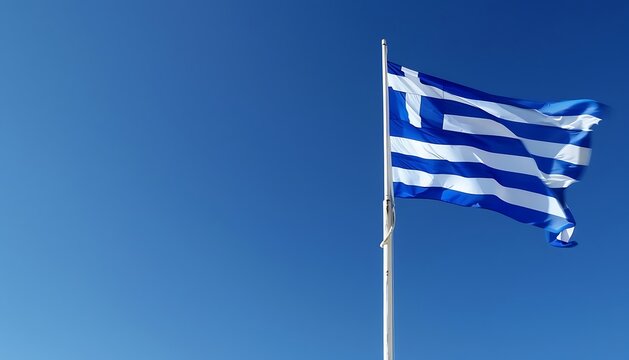 Greek flag waving in the wind on blue sky background, Greece.