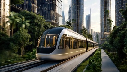 Fototapeta premium A futuristic electric train is driving through the city, surrounded by tall buildings and lush greenery, showcasing futuristic technology and environmental protection.