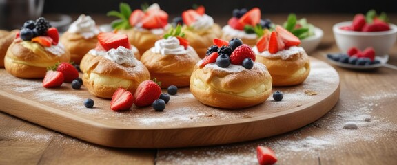 Fototapeta premium A wooden cutting board filled with a variety of choux pastry balls topped with fresh fruit and powdered sugar , pastry, food