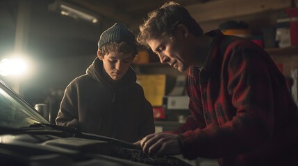 Naklejka premium Father and son inspect a car engine together in a garage, focused on mechanical repair and a moment of bonding.