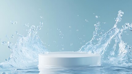 White podium with water splash on blue background for product display