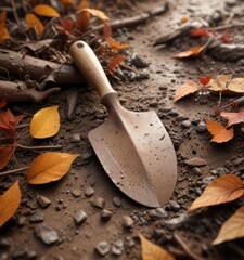 A wooden handle trowel partially buried in damp earth or mud with some dried leaves and twigs surrounding it, garden implement, trowel