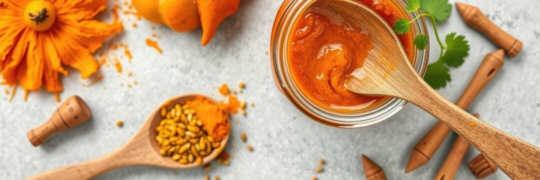 A wooden spoon rests beside a jar of vibrant Indian curry paste, with turmeric and cumin seeds visible within the glass container, including turmeric, jar, colorful spices