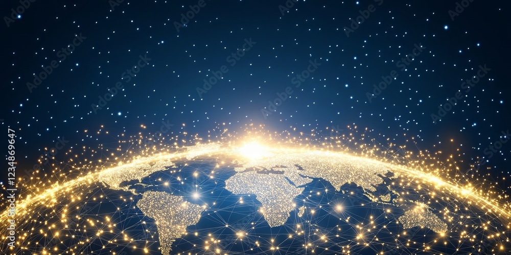 Poster global network connection illuminated earth with interconnected nodes and bright lights