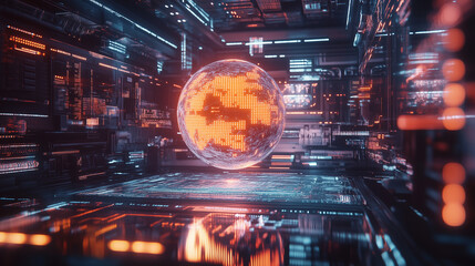 A glowing holographic Earth floating above a digital platform, surrounded by streaming binary code and futuristic interface icons, digital, tech, futuristic