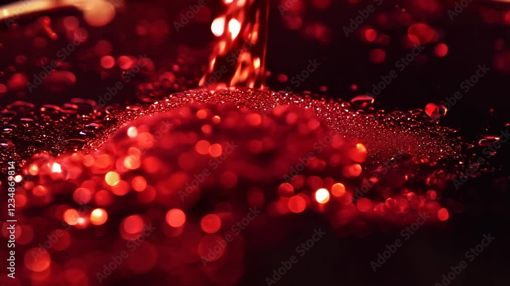 Poster Dynamic drops of red glitter in black oil or ink diffusing through liquid, creating an abstract aquatic swirls