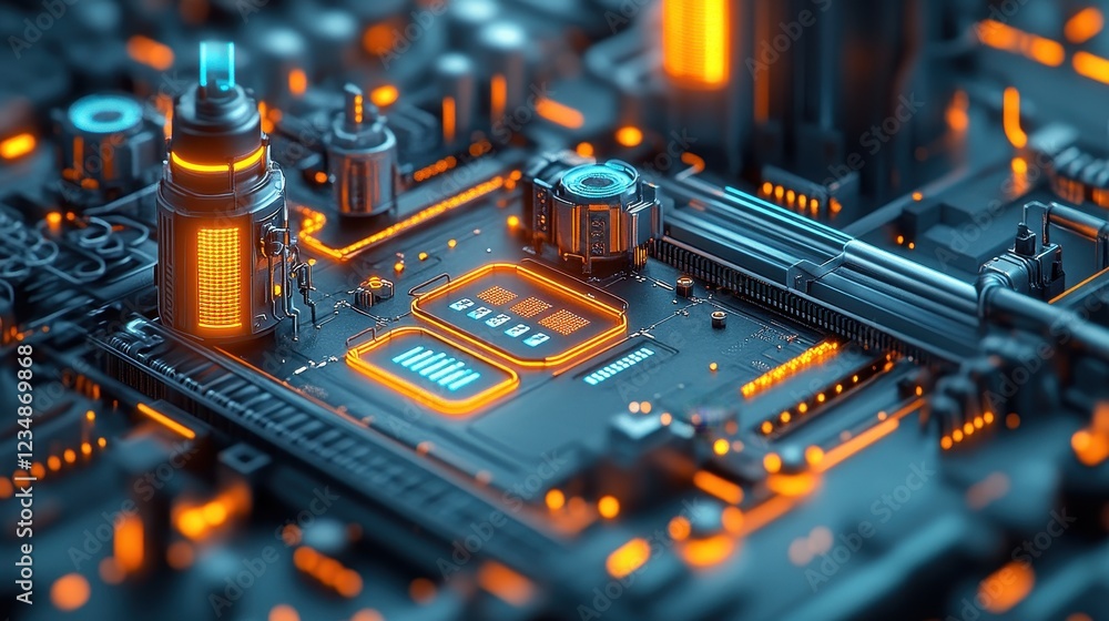 Poster a close-up view of a futuristic circuit board with glowing elements.