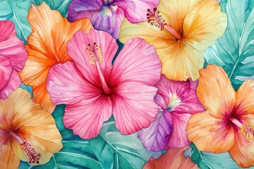 Obraz premium Vibrant watercolor illustration of hibiscus flowers in pink orange and purple tones surrounded by tropical green leaves evoking summer