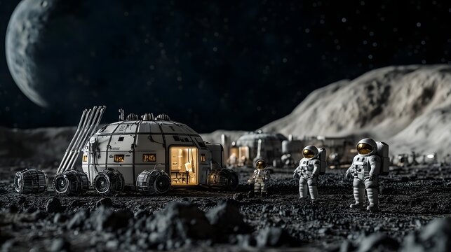 Futuristic Moonscape Exploration - Lunar Habitat, Astronaut, Alien Landscape