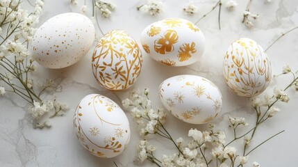 Obraz premium Beautiful easter background with painted golden decoration on easter eggs on white table. Top view and flat lay style.