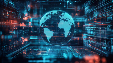A futuristic control room with a holographic Earth projection in the center, displaying real-time data and analytics, digital, tech, futuristic