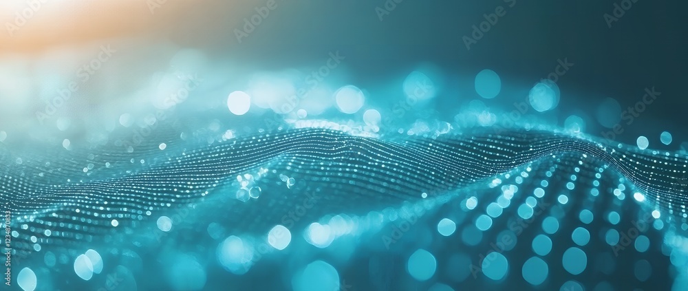 Poster abstract teal wave background with glowing particles and bokeh lights