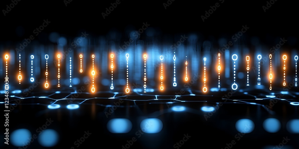 Poster abstract digital network data stream glowing orange and blue nodes connected by lines