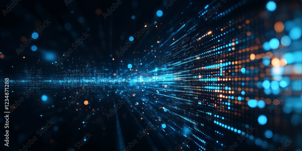 Poster abstract digital data stream futuristic technology background with blue and orange glowing particles