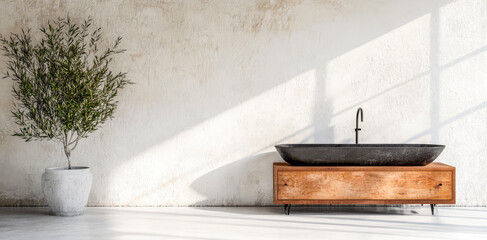 Modern bathroom design featuring unique sink and natural accents in bright space