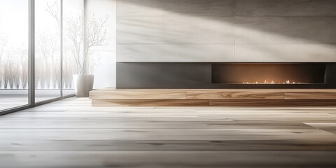 Fototapeta premium Modern living room with wooden floor and sleek fireplace in natural light