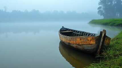 Obraz premium calm misty river morning with soft fog over the water, creating a serene and tranquil atmosphere, showcasing the beauty of early dawn, peaceful riverbank reflection, and nature's quiet