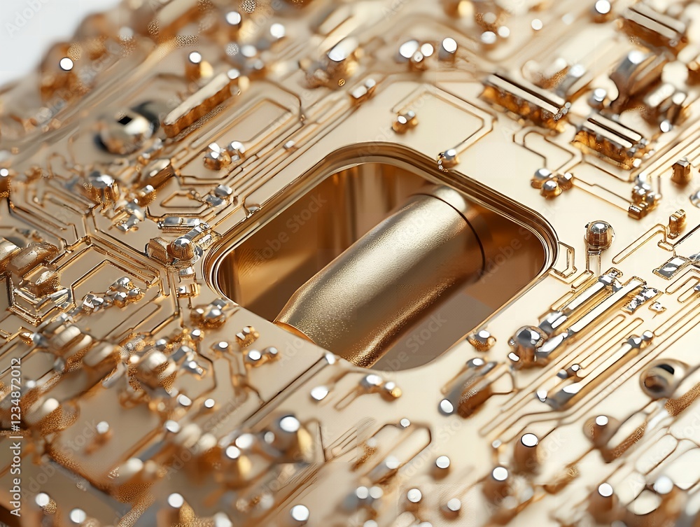 Poster close up of golden circuit board with integrated component abstract technology background