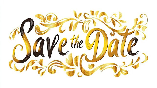 Golden Save The Date calligraphy announcement with floral design, white background, wedding invitation use