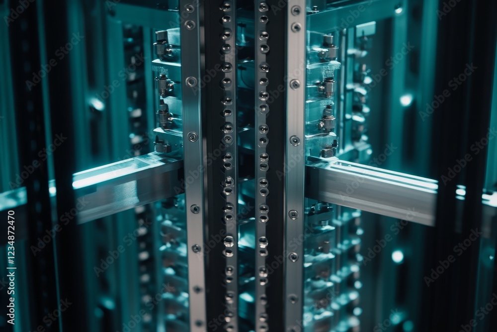 Poster intricate close-up of modern data center server stack structure