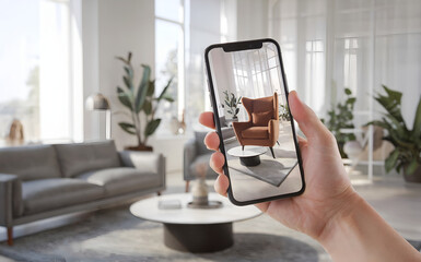 A person holds a phone showing an augmented reality view of a chair in a living room. The augmented...