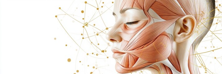 Detailed anatomical illustration showing facial muscles and contours of a human head with a profile view and artistic background. Generative AI