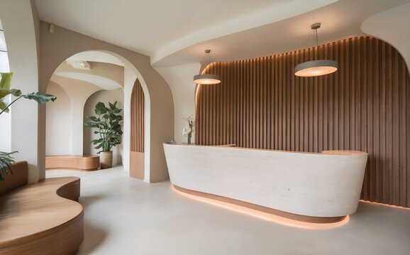 A warm, inviting reception area with curved designs and a large, mosaic-tiled reception desk greets visitors. Vertical wood paneling, arched doorways, and soft lighting contribute to the modern
