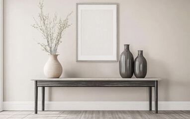 Elegant modern decor arrangement on a minimalist table with vases and artwork