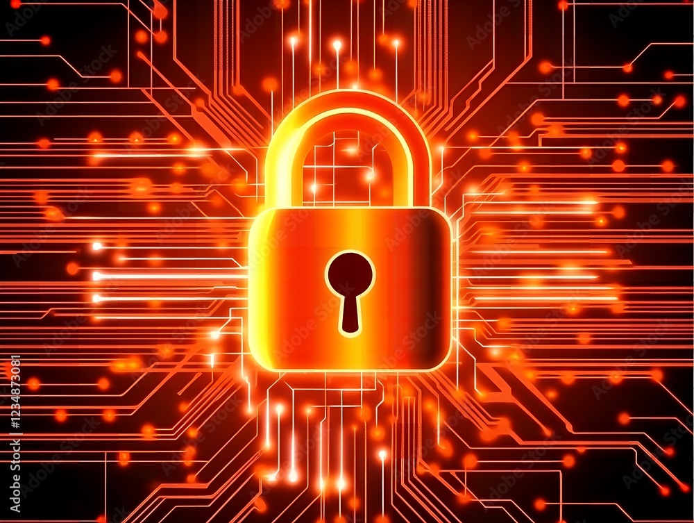 Poster cyber security glowing padlock on abstract circuit board background