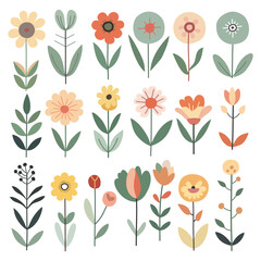 Set of elements from leaves, branches and flowers, flat